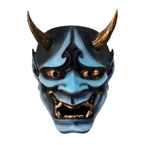 Hannya-mask med två horn och ett ilsket ansiktsuttryck